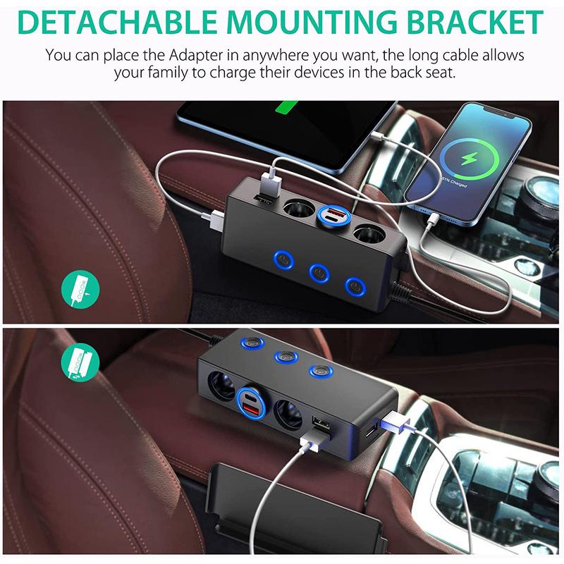 TR30 Car Cigarette Lighter Splitter: 3-Socket, 4-USB Ports, Independent Switches, QC3.0 Fast Charge, 120W, Voltage Display