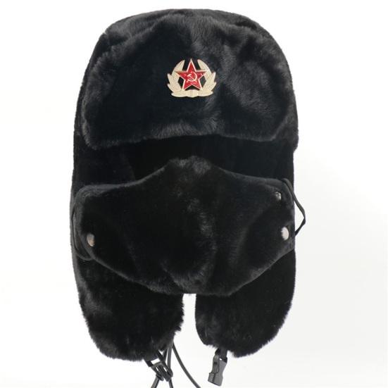 Cappello invernale unisex Lei Feng Cappello Protezione completa Pelliccia di coniglio sintetica spessa Morbido Antivento Calore Morbido Badge Decor Cappello da campeggio all'aperto Escursionismo