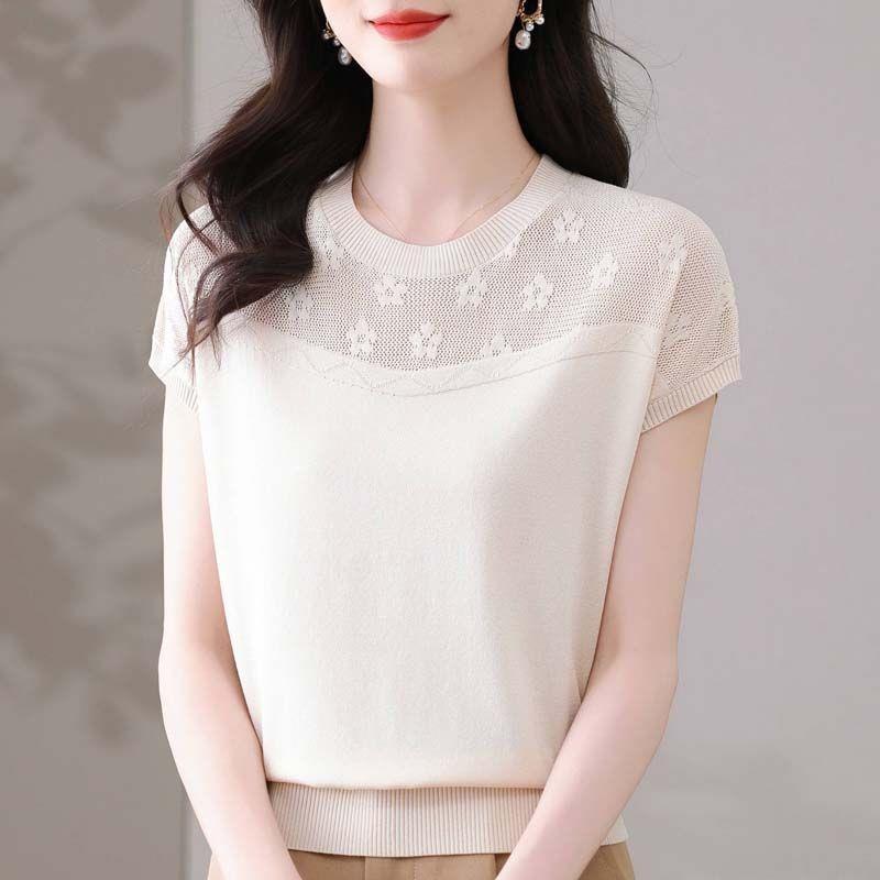 Summer Women s Ice Silk Knitted T-shirt Round Neck Thin Hollow Out Short Sleeved Loose Top M