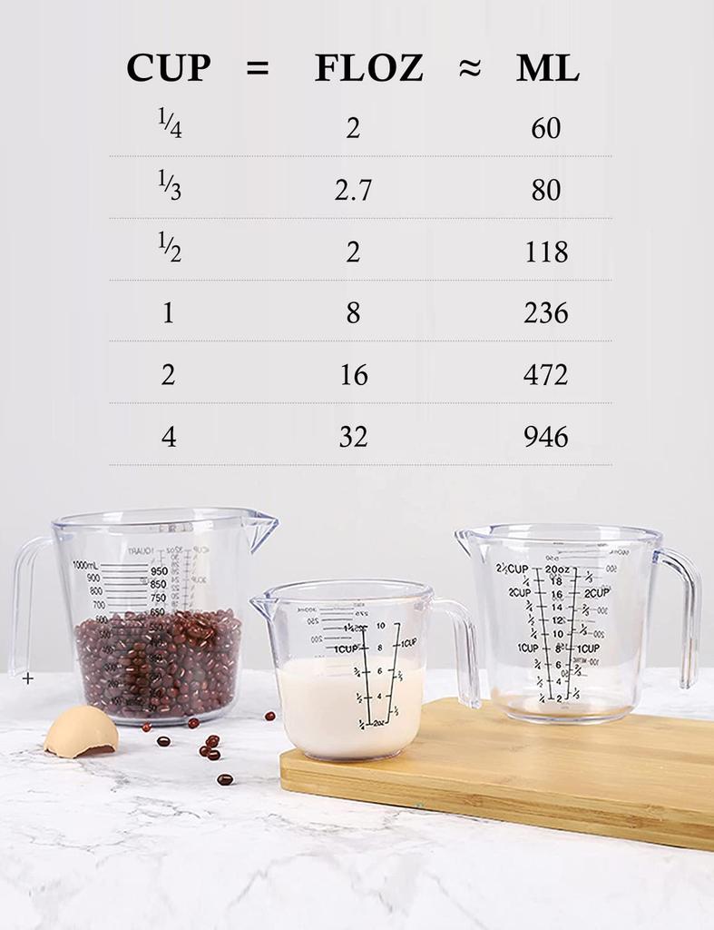 Transparent plastic measuring cup set 300ml 600ml 1000mL 3PCS
