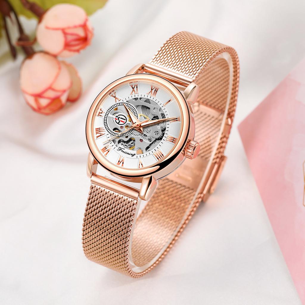 Forsining Ladies Fashion and Leisure Openwork Mesh Belt Small Female Mechanical Watch