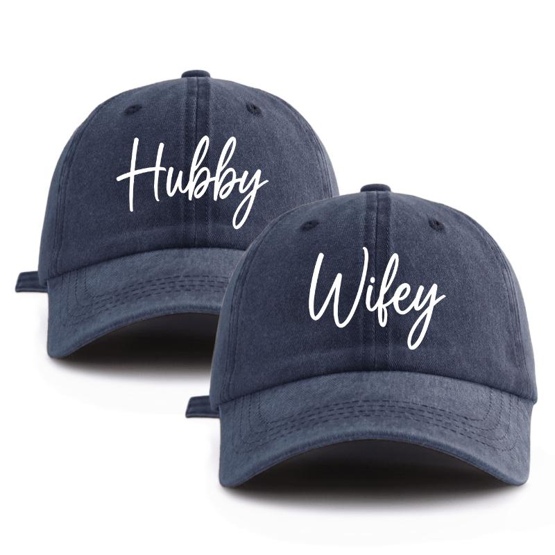 

2 Pcs HUBBY WIFEY Print Washed Baseball Cap,Classic Casual Stylish Retro Adjustable Lightweight Sun Protection for Outdoor Sport Adjustable