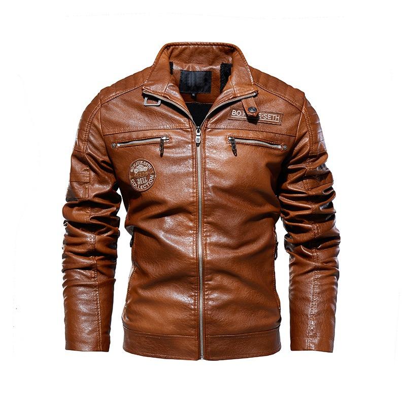Fashion Casual Men's Leather Jacket Pu Leather Jacket European American Biker Clothing Fleece-lined Jacket