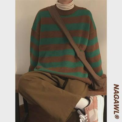 Pánsky retro pruhovaný sveter: Kórejský štýl, Voľný strih, Okrúhly výstrih, Jesenné/Zimné Trendy Ležérne Unisex Pletenina