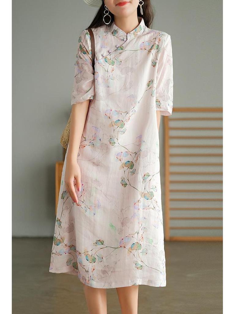 Vestido Cheongsam de Algodón Lino de Verano para Mujer - Talla Grande, Adelgazante, Largo Medio, a la Moda