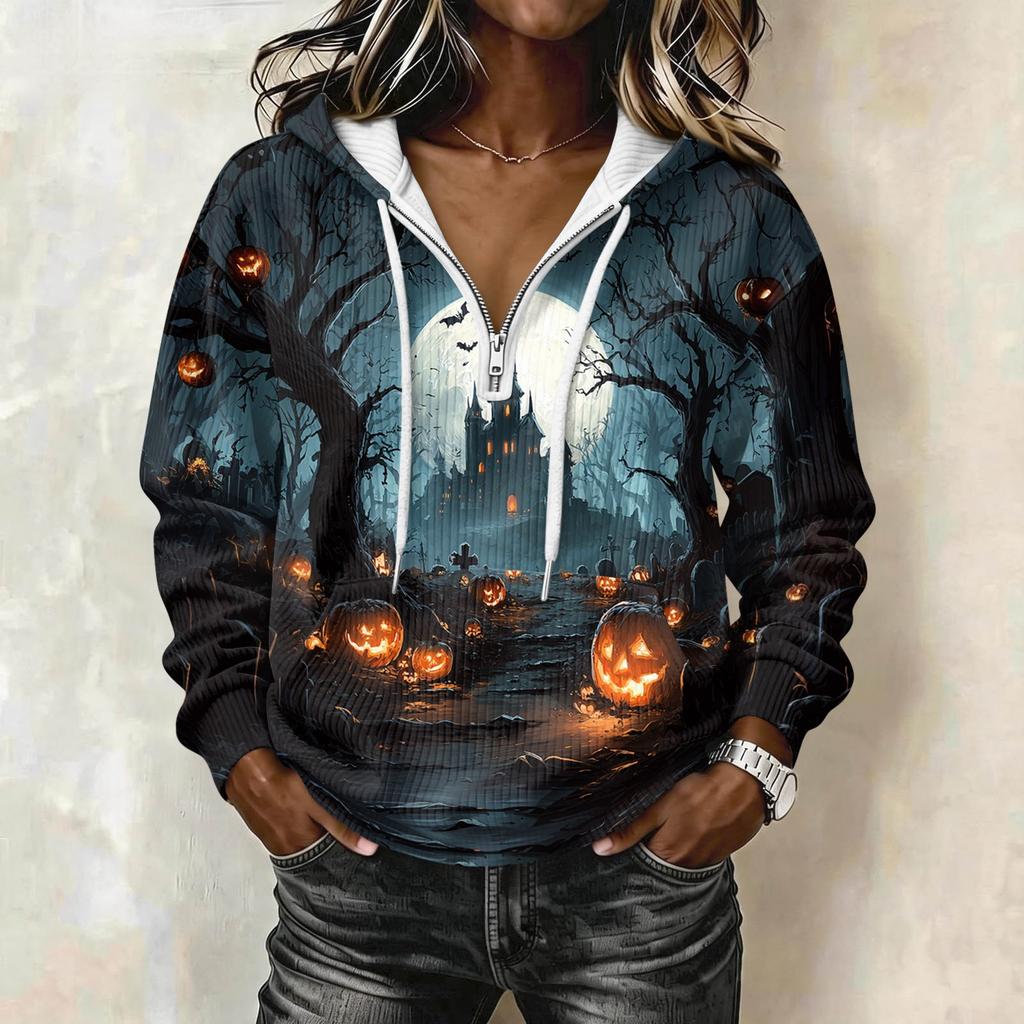Women's Halloween Printed Long Sleeve Hoodie Drawstring Pullover Sweatshirt