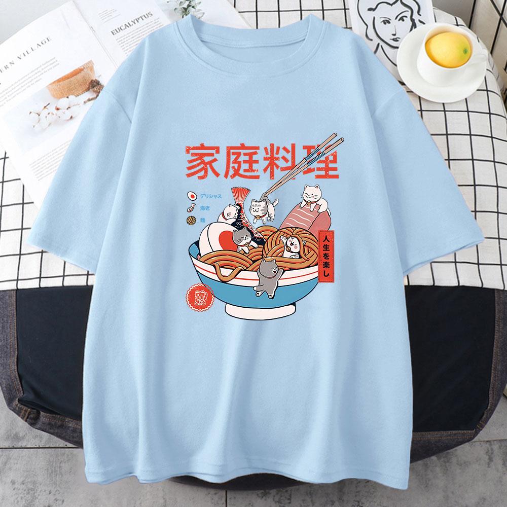 Ramen Cats Women Japanese Anime Characters T-shirts 100% Cotton Casual T Shirts Summer Harajuku Kawaii Clothing Slight Strech