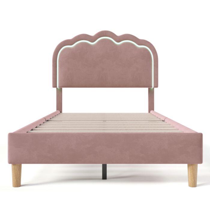 Lit Simple LED - MUVOE - 90 X 200 Cm - Tête De Lit Réglable - Rembourré En Velours - Rose Pâle