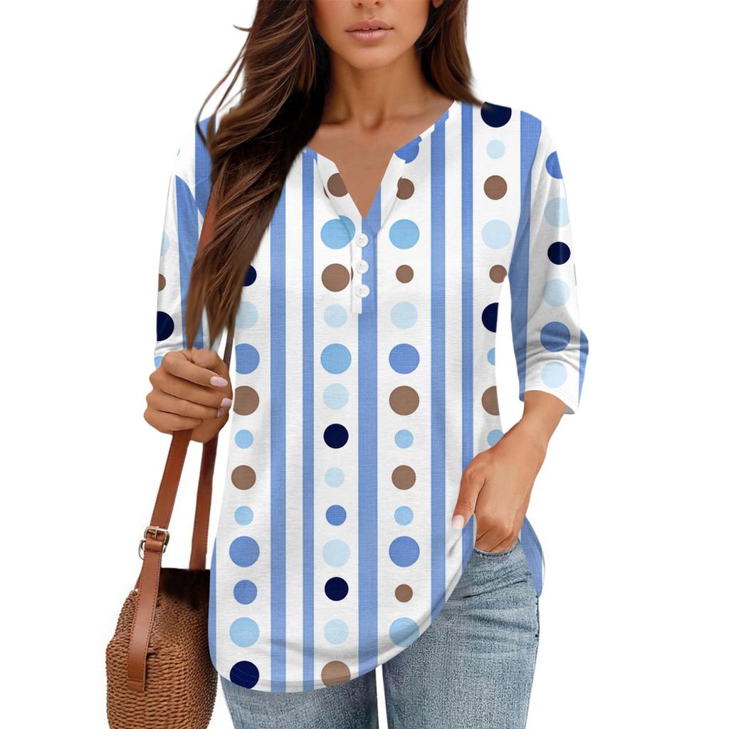 Damen V-Ausschnitt Freizeit Dreiviertelarm Knopf-Detail Top mit Blumenmuster