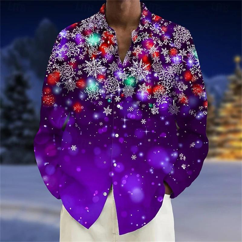 Christmas Men's Long-Sleeve Shirt, Red and White Color Block, Christmas Ball and Snowflake Pattern, Holiday Party Shirt