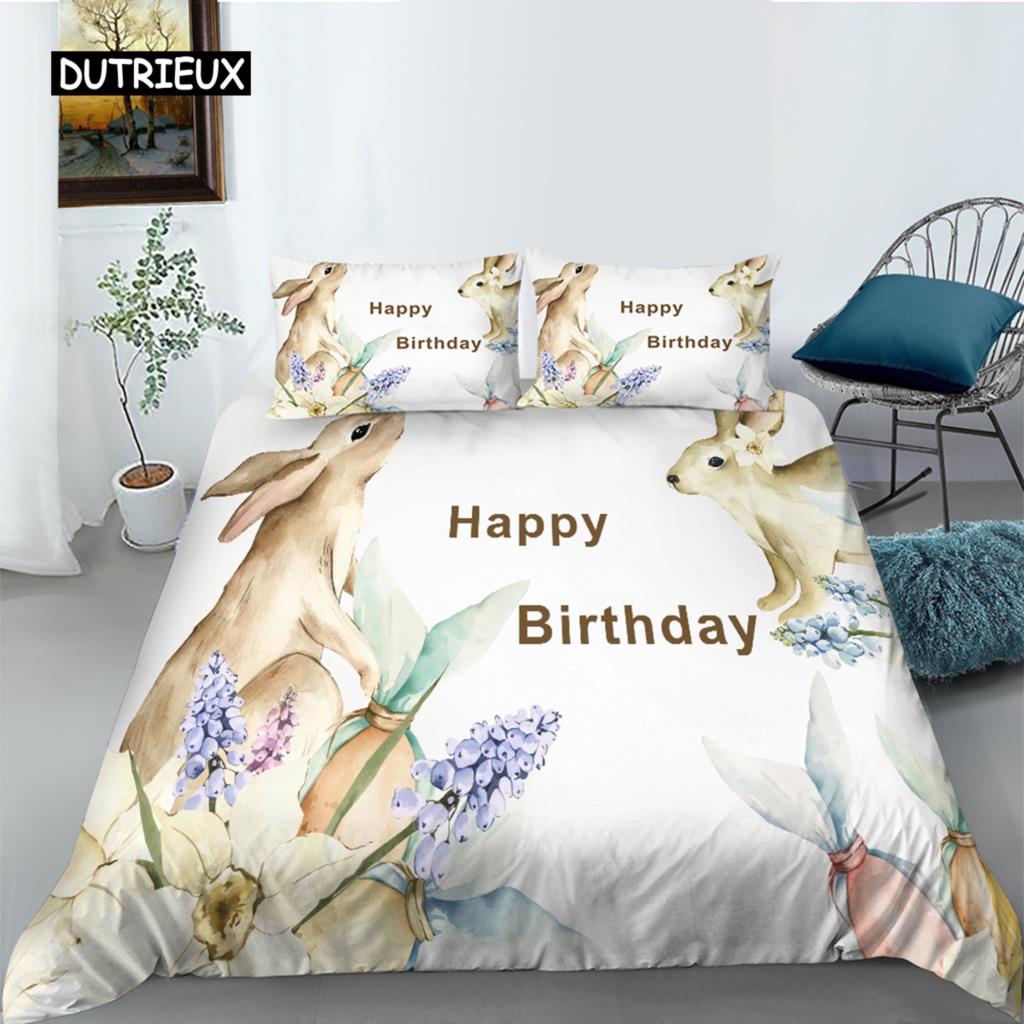 Cartoon Animal Happy Birthday King Queen Duvet Cover Cute Lion Bedding Set Kids Boys Girls Elephant 2/3pcs Polyester Quilt Cover