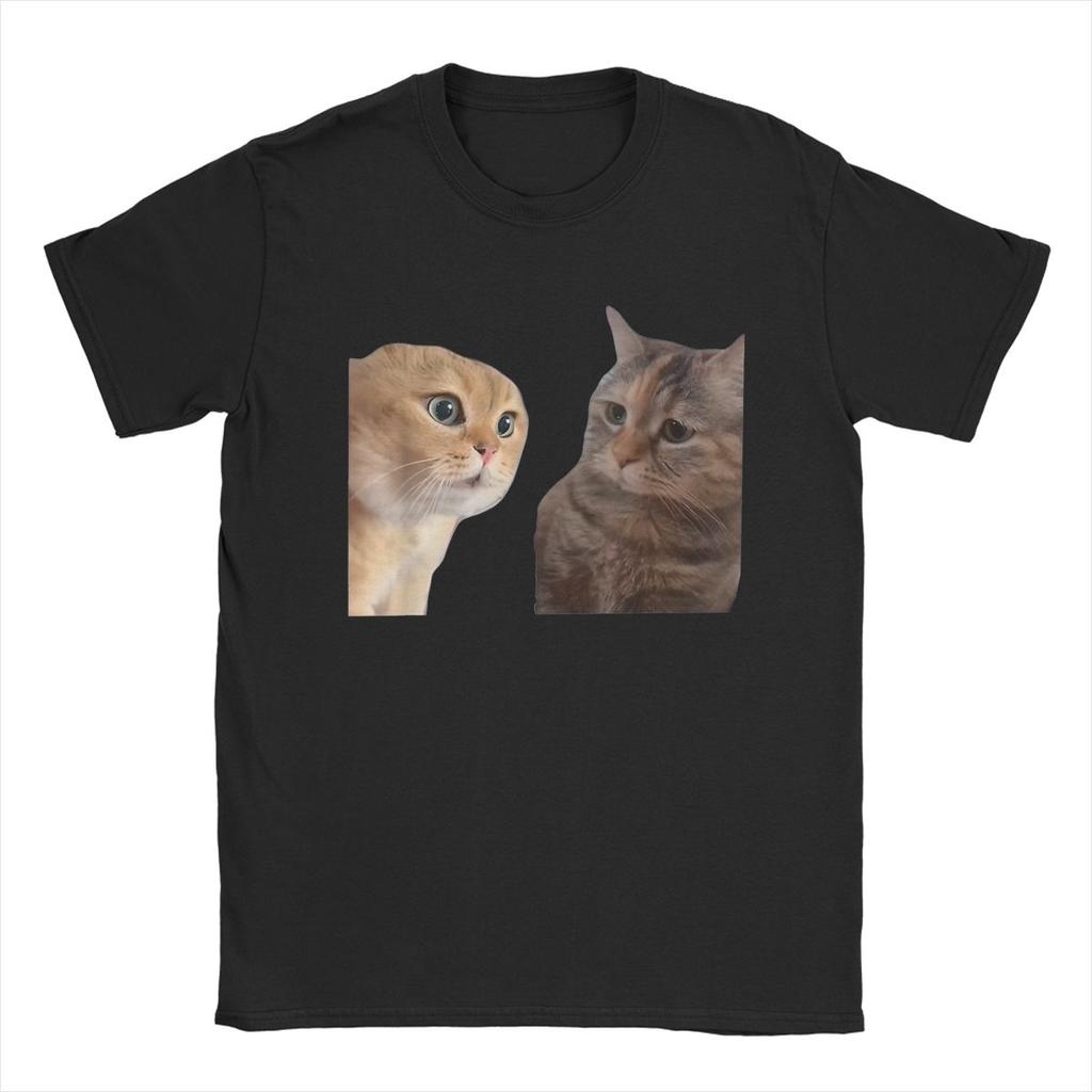 Two Cats Talking Meme T-Shirts for Men Sad Cat Mewing Vintage 100% Cotton Tee Shirt Crewneck Short Sleeve T Shirt Summer Tops