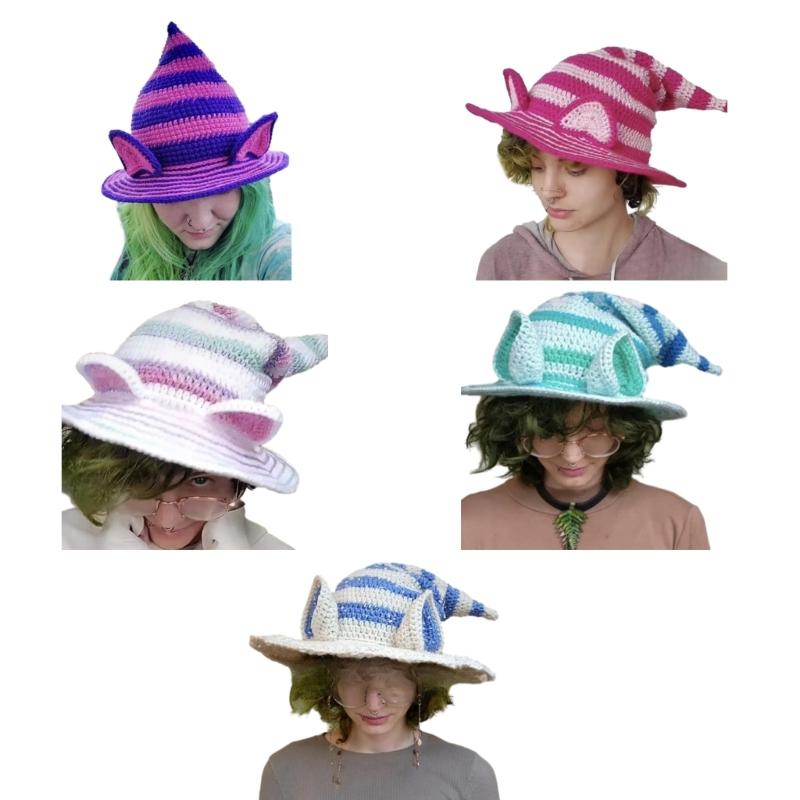 Striped Witch Hat with Rabbit Ears Unique Knit Cap for Halloween Dress Up Costume Cosplay Props Ornament