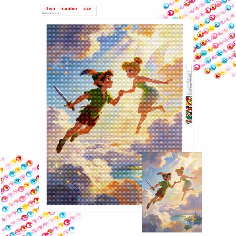 Disney Diamond Painting 5D DIY Full Circle Diamond Painting Kit Peter Pan and Tinkerbell Home Bedroom Wall Decor Crafts Round 20x30cm