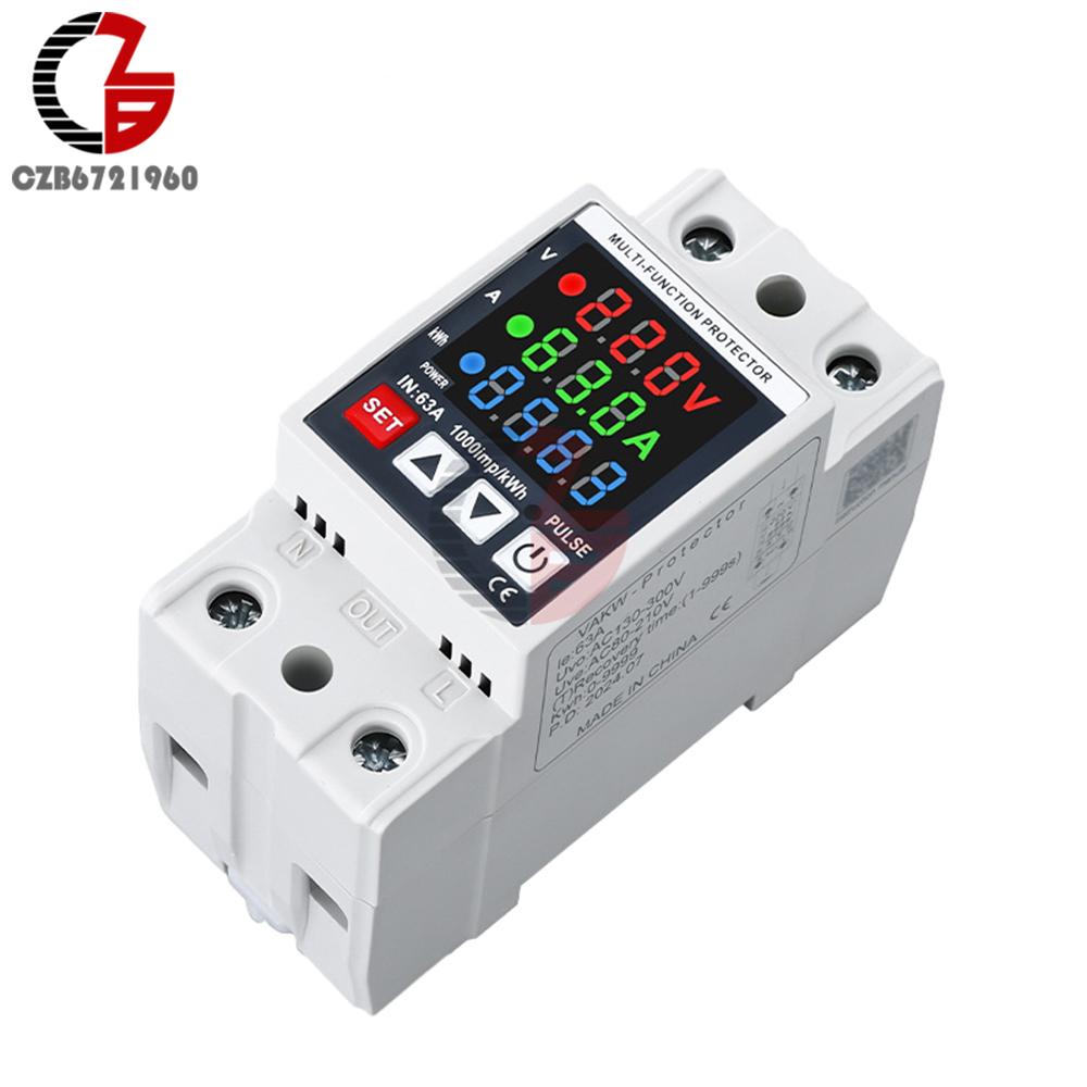 63A Din Rail 3-in-1 Display Adjustable Over Voltage Current and Under Voltage Protective Device Protector Relay Volt Power Meter
