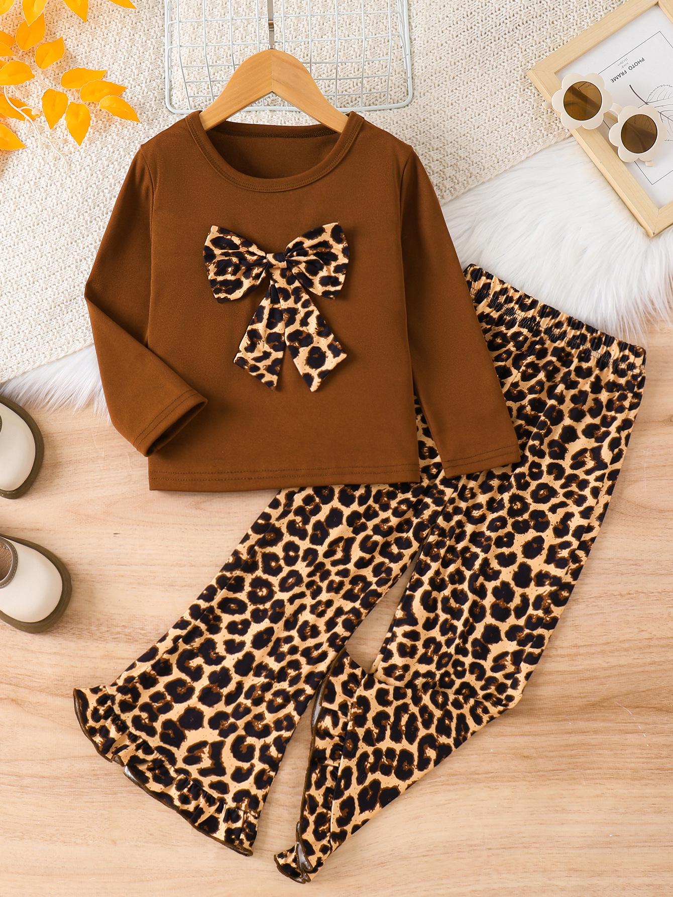

Девочкий Осенний Комплект из Двух Частей: Коричневый топ с длинным рукавом и штаны с леопардовым принтом 5-6 Years