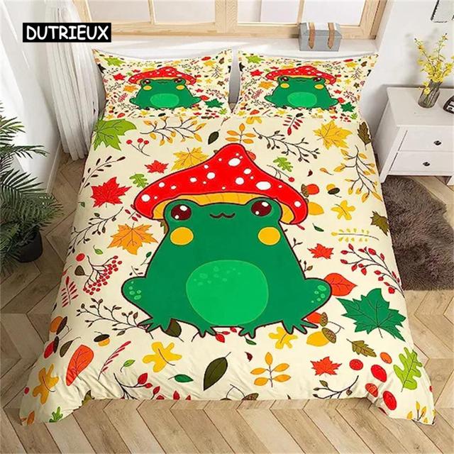 Bettbezug mit Cartoon-Pilz-Frosch, niedlicher Frosch-Bettbezug für Kinder, Jungen und Mädchen, natürlicher Wildpilz-Bettbezug, rosa Pilz