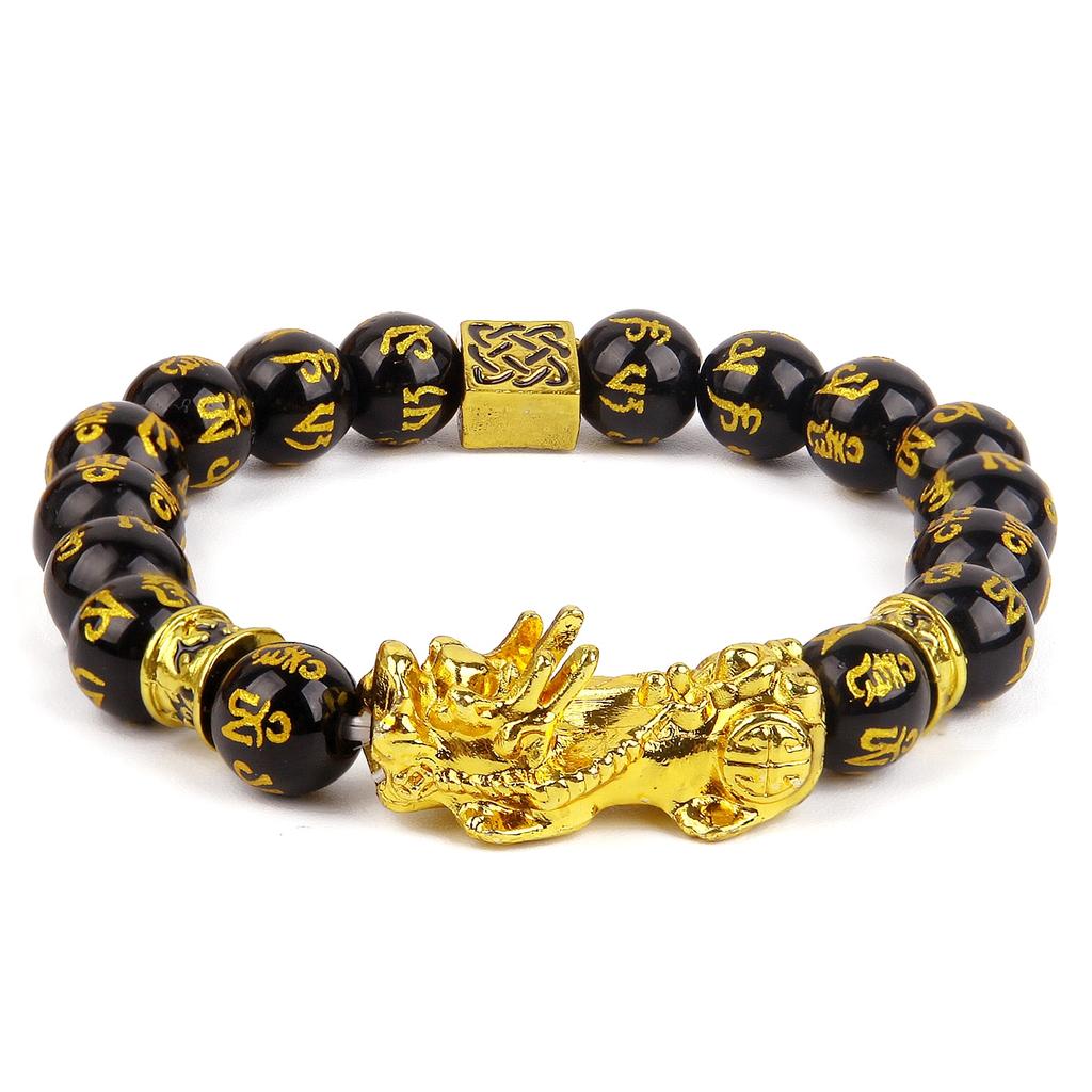 Doppeltes Pixiu/Piyao-Armband mit runden Perlen, natürlicher schwarzer Obsidian, Tigerauge, verstellbares Feng Shui-Reichtumsarmband, Abwehr böser Geister for Damen und Herren, 14 mm Zinnober ( Color