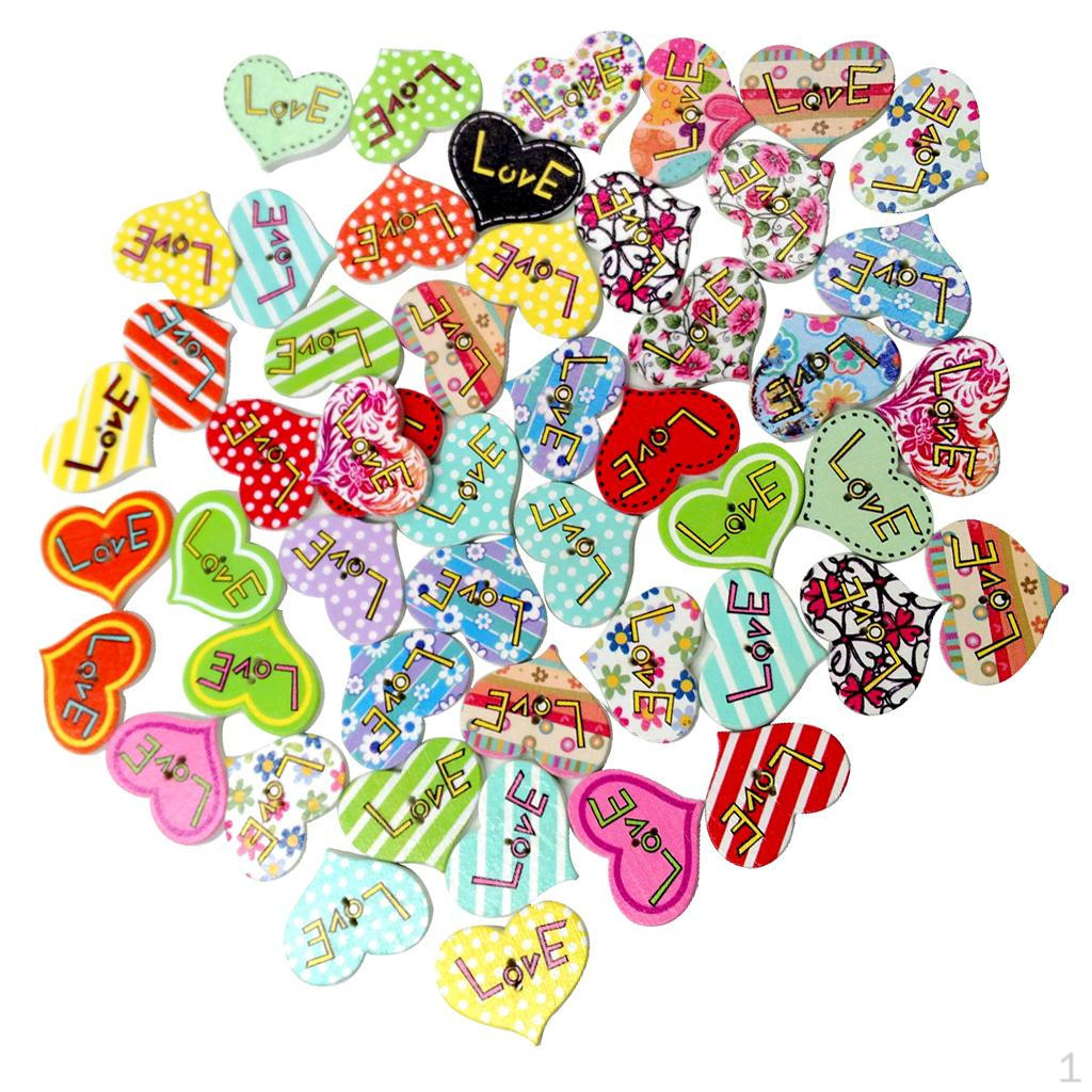 50 Pieces Printed Heart Shape Wooden Buttons Embellishment for Kids Craft Wedding Decoration