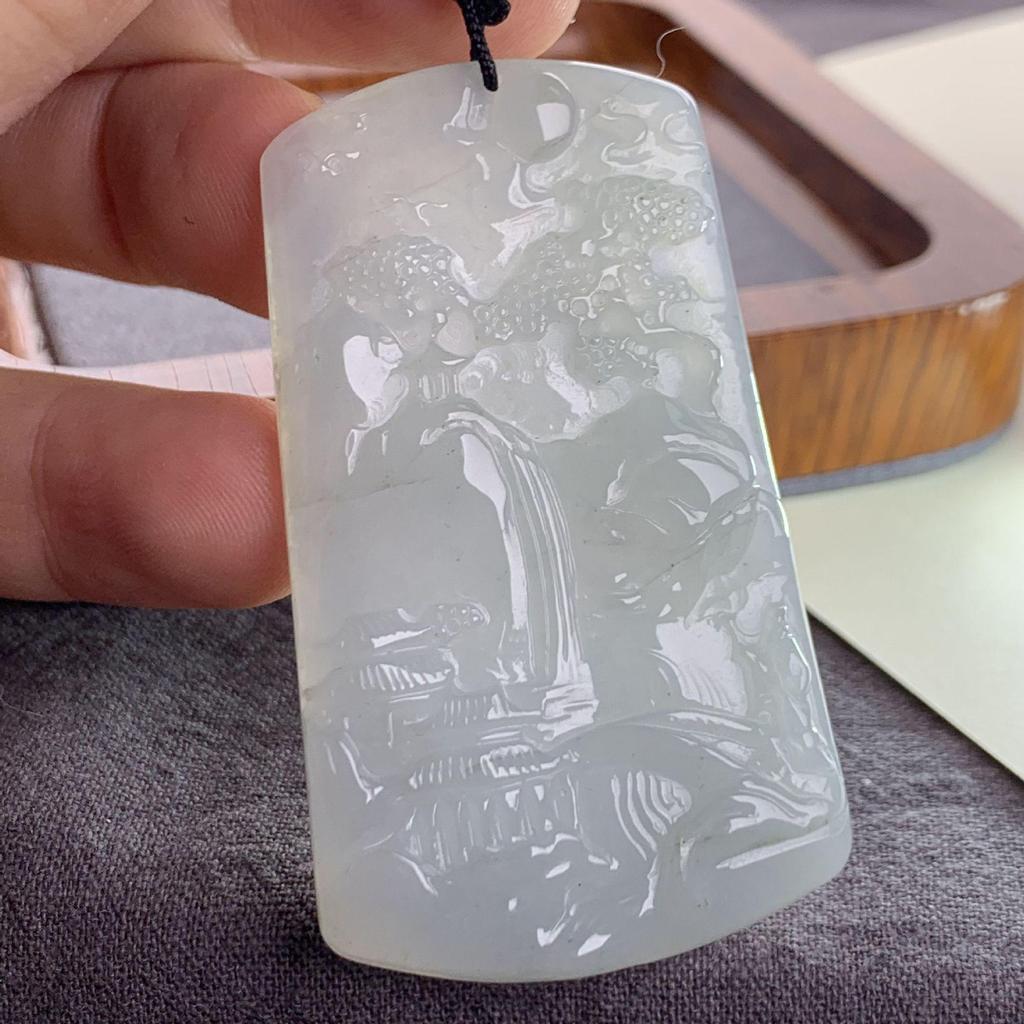 A-Grade Ice-Type Myanmar Jade Hand-Carved Pendant with Landscape & Buddha for Auspicious Gifts