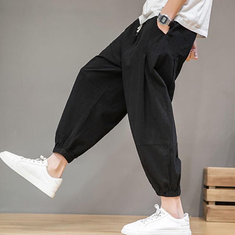 ROMON Men's Pure Cotton Drawstring Casual Cropped Pants