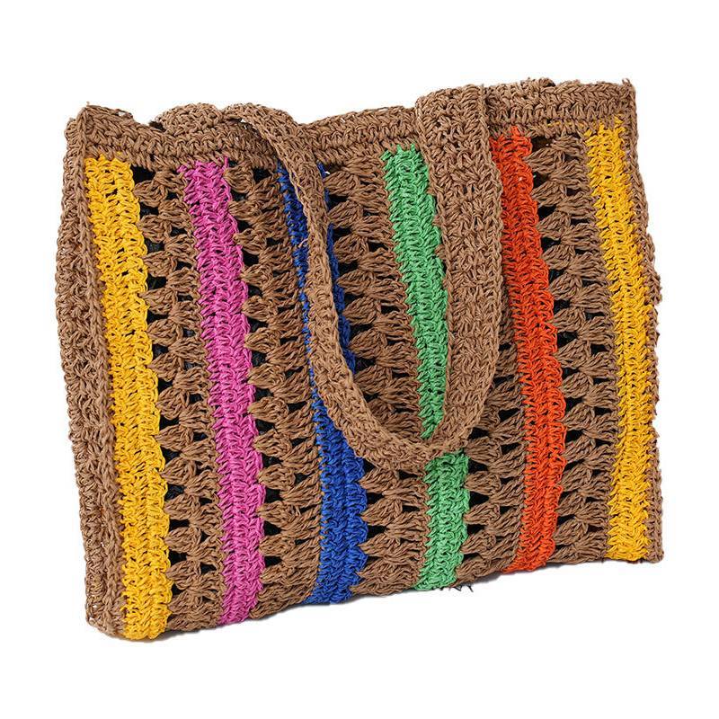 Cotton Rope Tote Bag With Openwork Stripes For Casual Daily Use