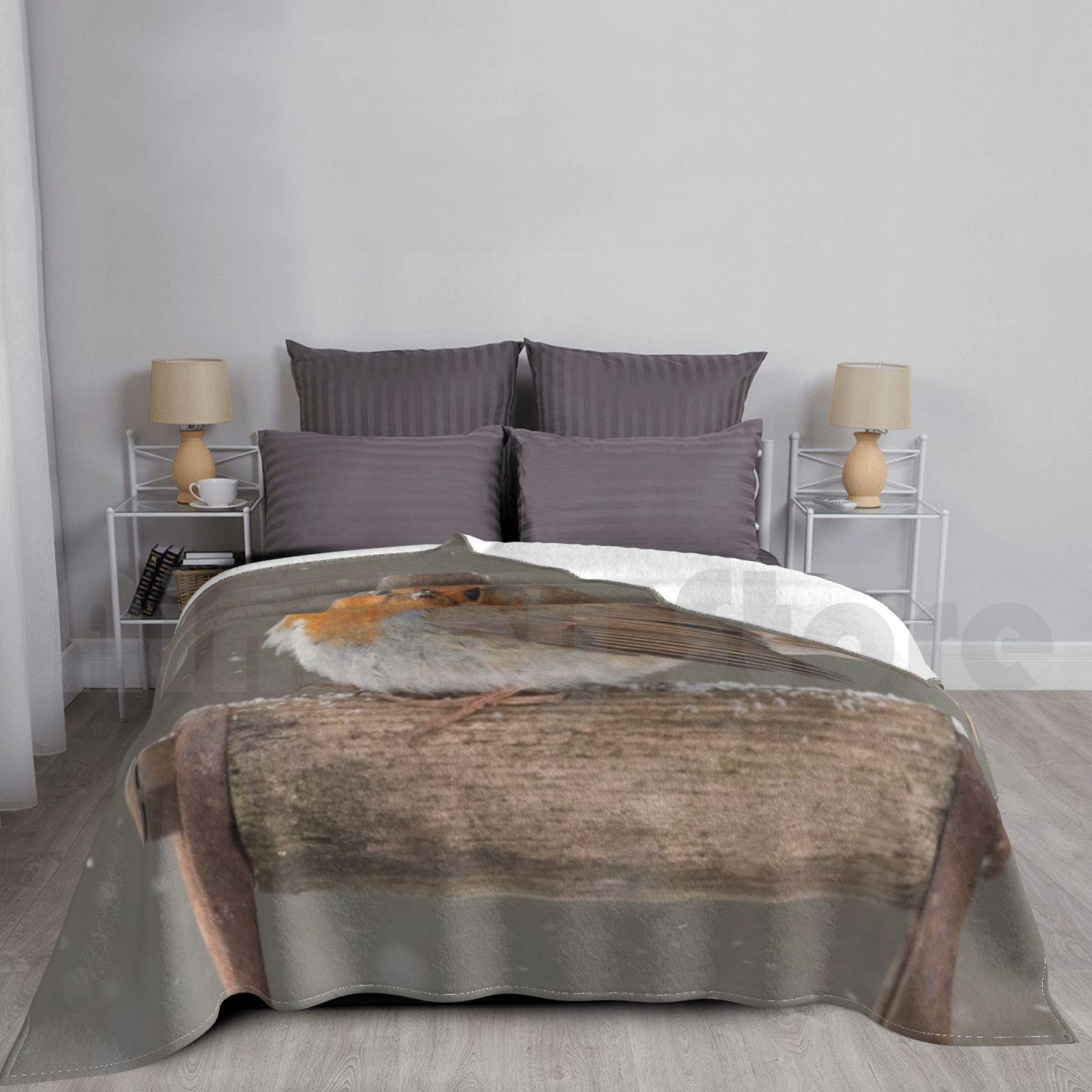 Robin On Old Spade In The Snow Blanket For Sofa Bed Travel Robin On Spade Robin Spade Snow Bird Birds Avian Size: 75*100cm, Weight: 230 GSM