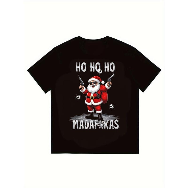 

Christmas T-Shirt Black Santa Claus Holding Guns Ho Ho Ho Madafkas Print Casual Holiday Party Wear S