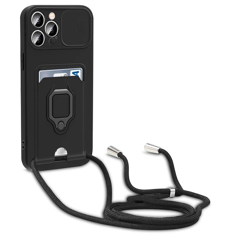 Luxury Soft Silicone Crossbody Necklace Cord Strap Case For Iphone 16 15 14 12 11 Pro Max 16e X XR 7 8 Plus Wallet Card Cover