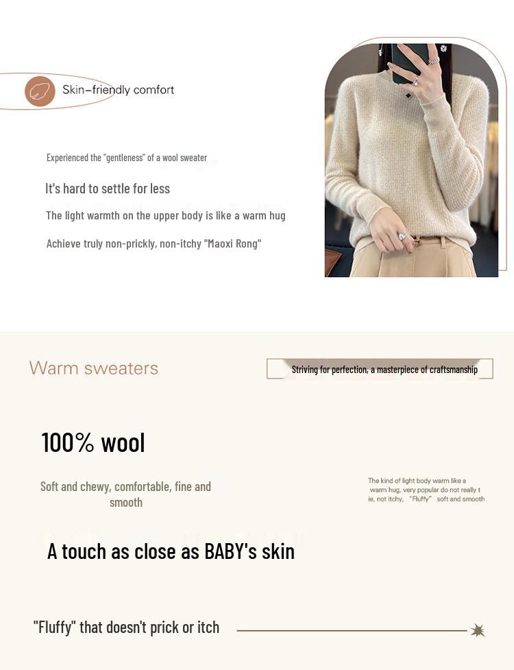 Women's Soft Wool Round Neck Sweater - 100% Pure Wool, Long Sleeve, Fluffy Knit, Autumn/Winter 2023