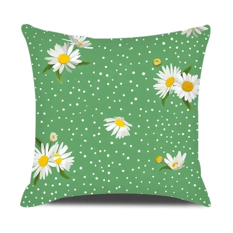 Daisy Flowers Green Yellow Plaid Double-Sided Printed Pillow Cover Short Plush Suitable Living Bedrooms Sofa Throw Cushion Cover