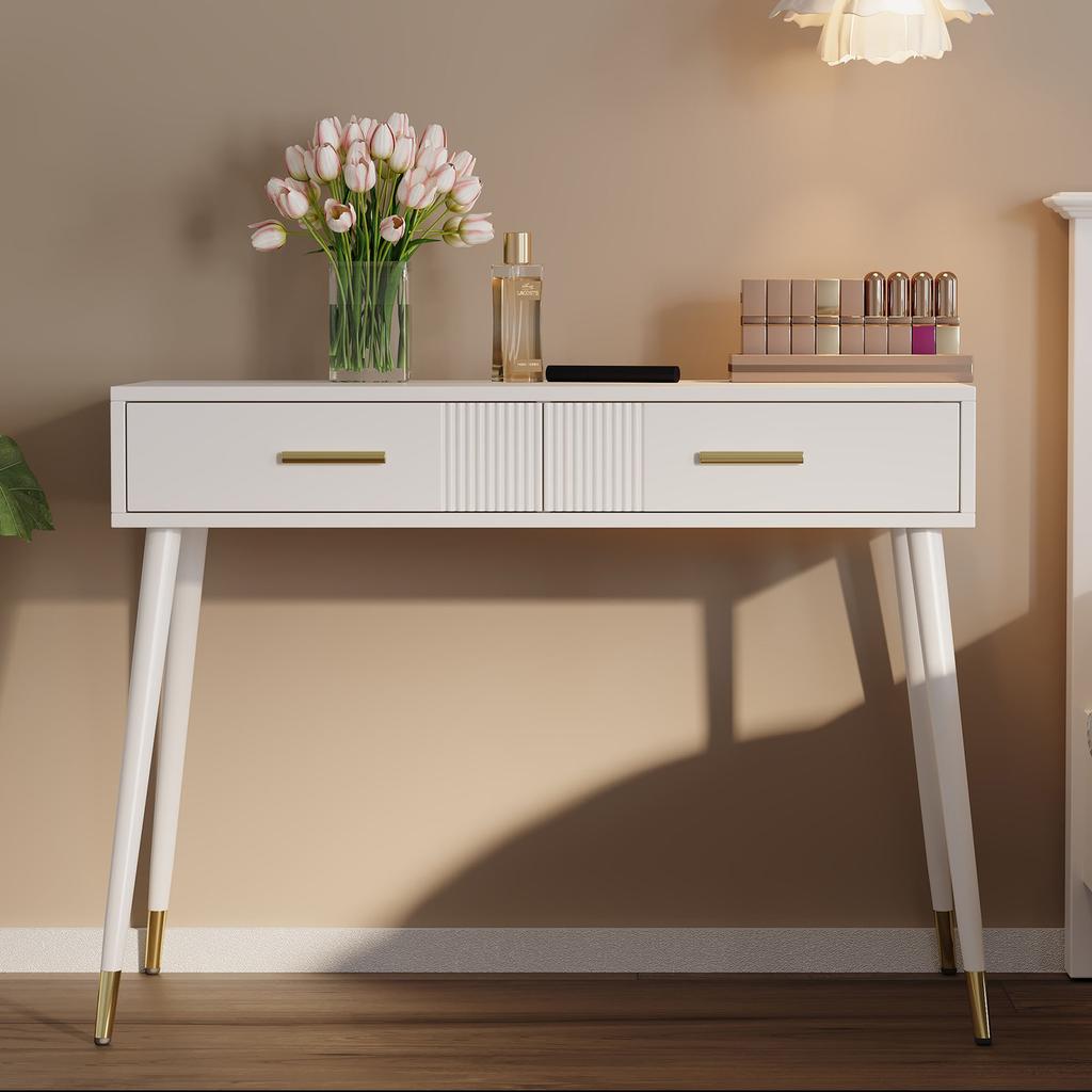 Makeup Table, Dressing Table, Desk with 2 Drawers, Metal Legs, White, Dimensions: H 76 cm × W 100 cm × D 40 cm (without mirror)