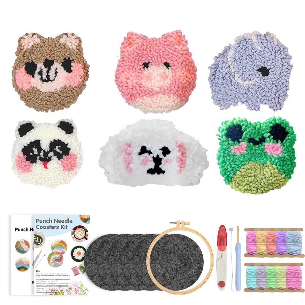 6pcs Craft Punch Needle Coaster Kit for Beginners Adults Animal Flower Punch Needling Coaster DIY Embroidery for Mom Gift