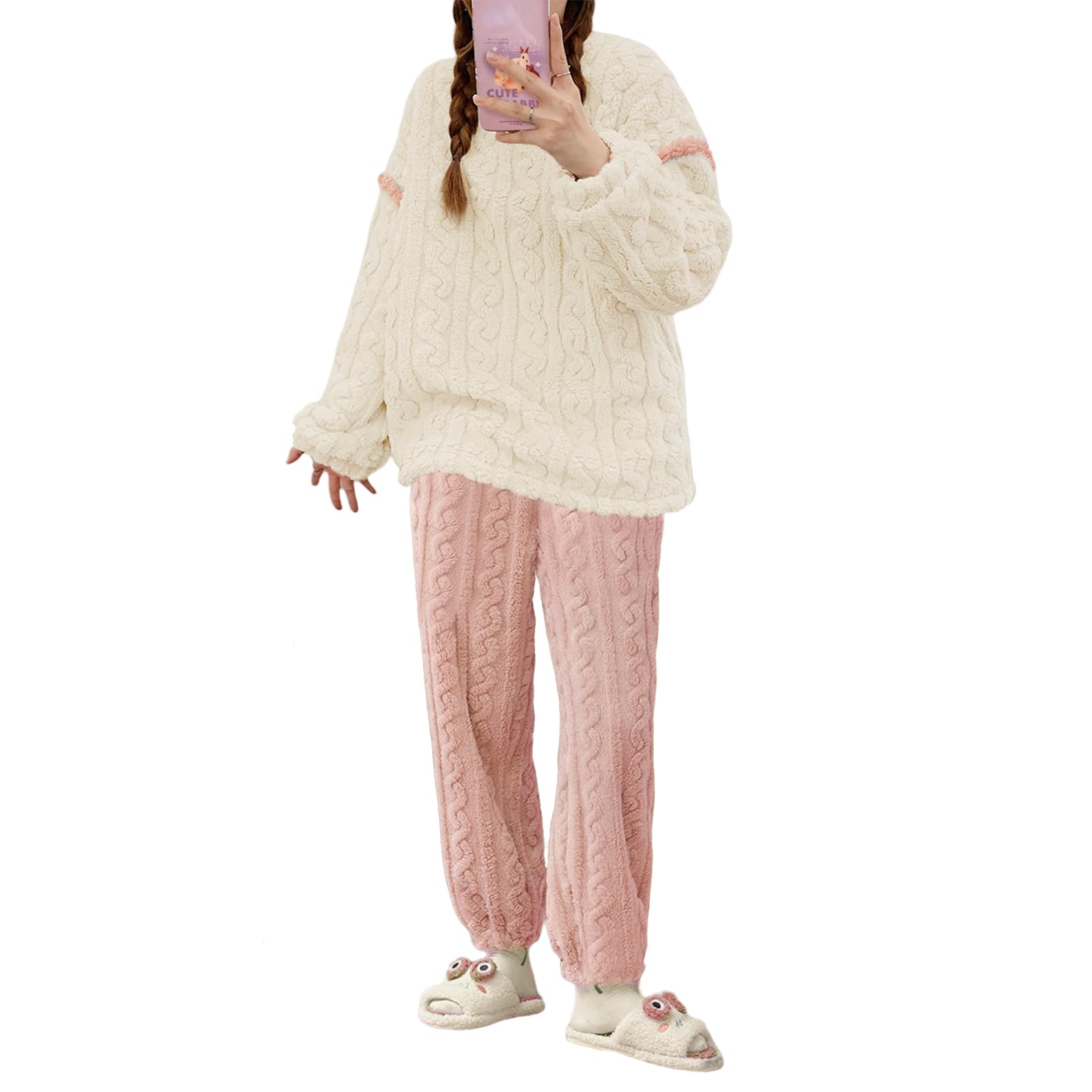 

GlamollaMisse Fluffy Loungewear Warm Flannel Pajamas with a Cute Cable Round Long and Perfect for Loungewear and Indoor Perfect for Fall and Winter розовый