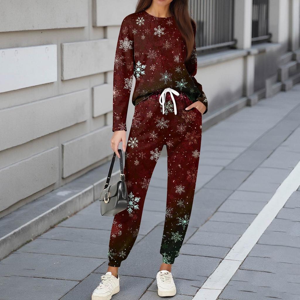 Sets für Damen 2-teilig Rundhals Langarmshirts Bedruckte Jogginghosen Taschensets