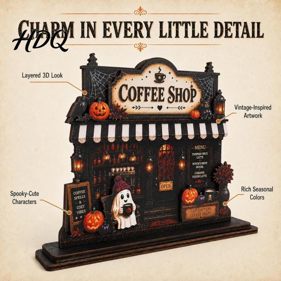 Halloween Party Coffee Station Decor Wooden Bar Sign Fall Harvest Tabletop Plaque with Pumpkin Shop Sign Ghost Cat Retro Ornament for Kitchen