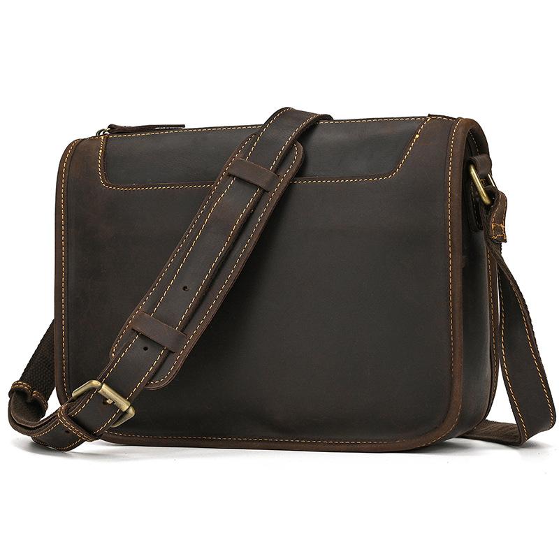 Men'S Genuine Leather Shoulder Bag Crazy Horse Leather Messenger Bag First Layer Cowhide Flip Shoulder Bag Casual Bag