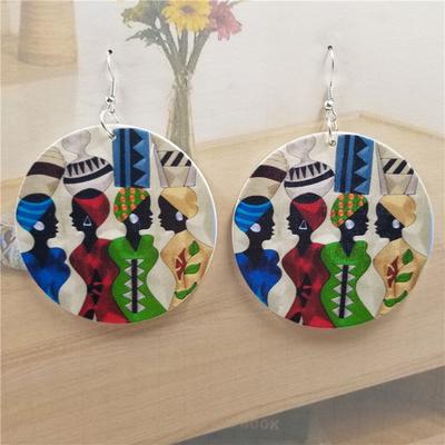 Beauty's Head Vintage Personality Ear Jewelry Bohemia Drop Earring African 1Pair Wood Head Portrait Fashion Printing Women