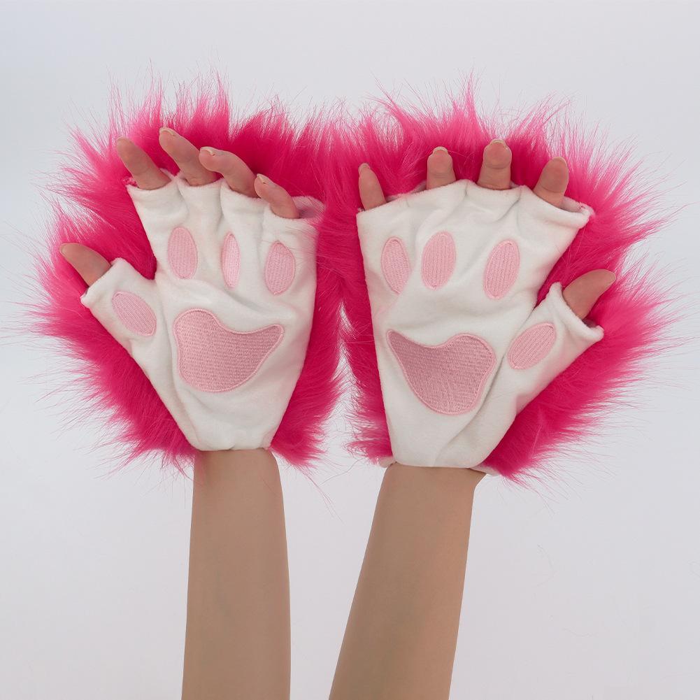 Furry Half Finger Animal Paw Gloves, Plush Cat Wolf Paw Gloves, Fursuit Cosplay Costume Gloves for Halloween Party Dress Up