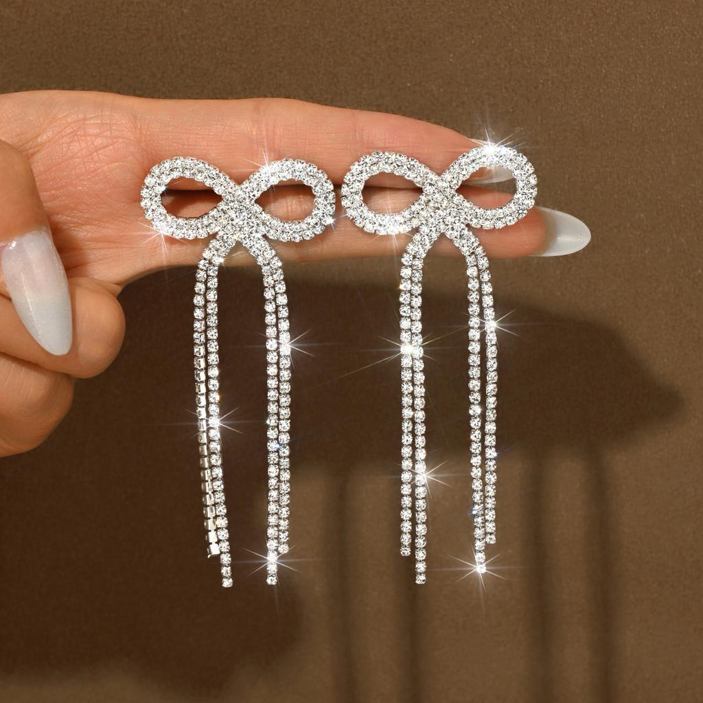 Bow Long Fringed Earrings, Fashionable Shiny Rhinestone Stud Earrings, Ear Jewelry For Women