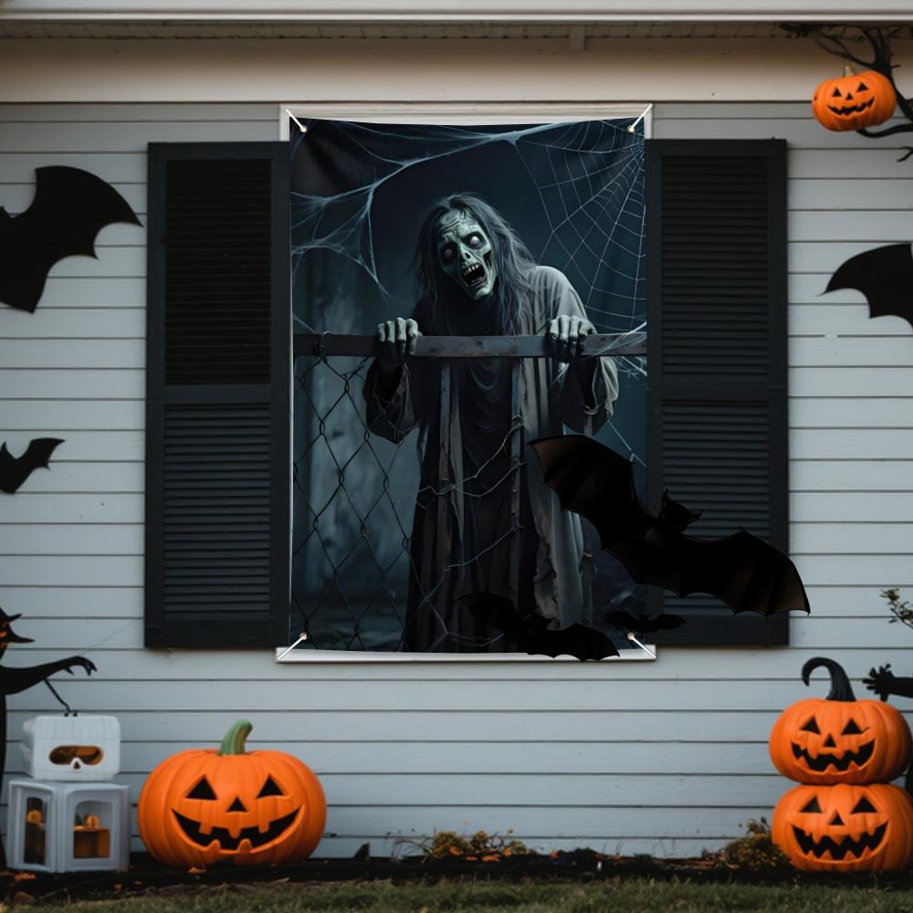 One Halloween horror party banner made of polyester, featuring terrifying zombie designs, for both indoor and outdoor decoration