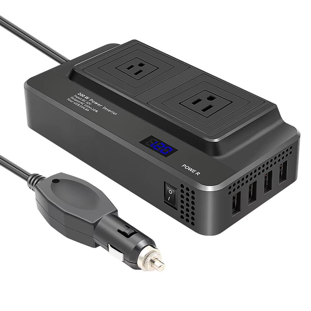 12V To 220V Converter Digital Display 200W Car Power Inverter with Dual EU Sockets and 4 USB Ports