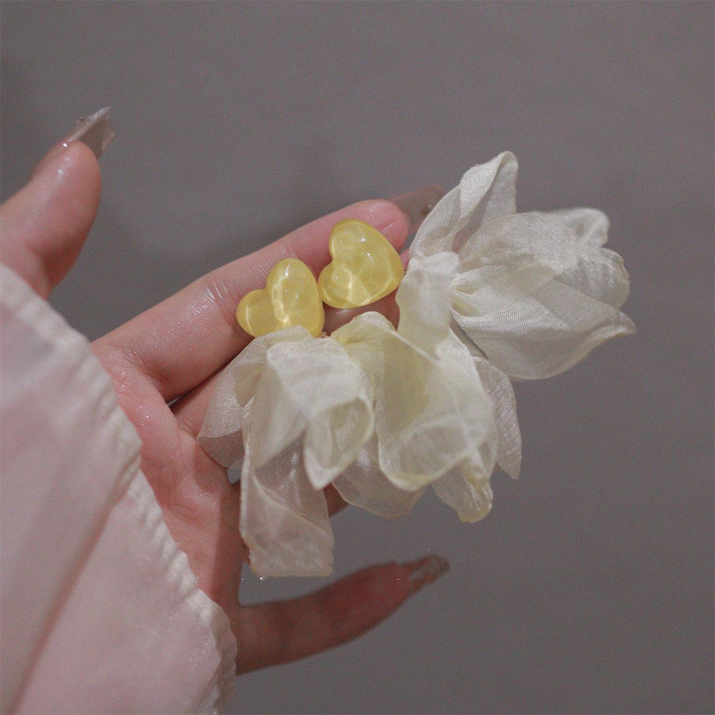 Vintage French Chiffon Floral Tassel Earrings: Unique High-End Clip-On Vacation Style Yellow Silver Needle Pair