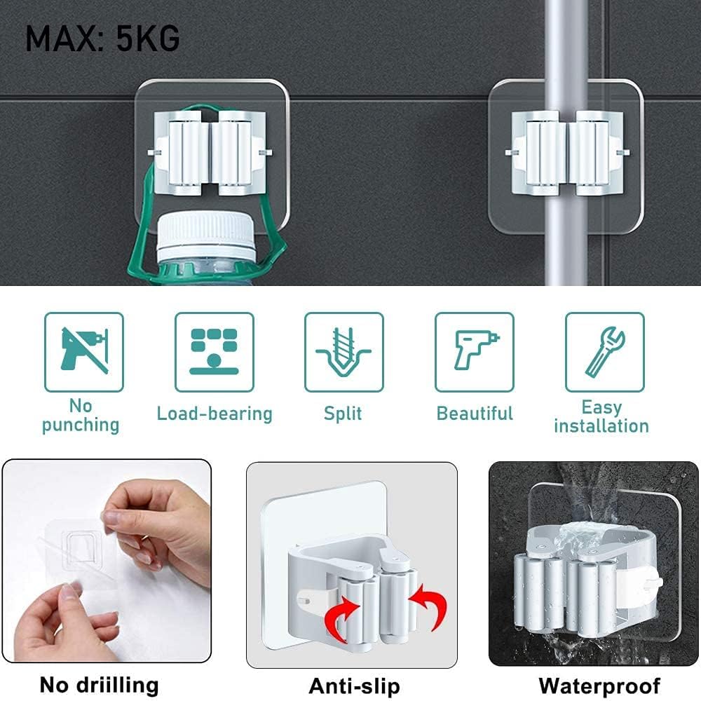 4Pcs Self Adhesive Mop Holder Broom Holder Wall Mounted White Mop  Holder No Drill Wall Mounted Organizer Clip Wall Mount Broom Clips Broom Clips