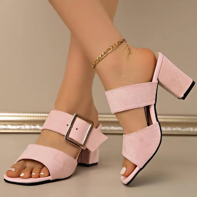 Retro Metal Buckle Decoration Suede Slip On Sandals Women 2025 Summer Square Toe High Heel Slippers Elegant Party Dress Shoes