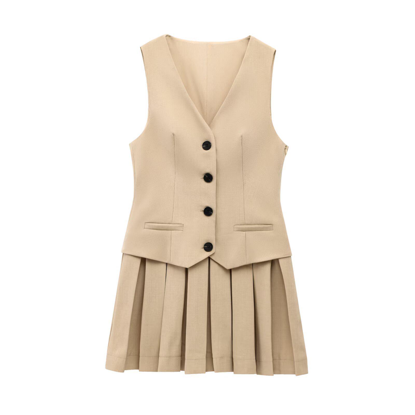 

Женское мини-платье с V-образным вырезом и плиссировкой на весну/лето 2025 года - европейский и американский стиль Extra Small хаки