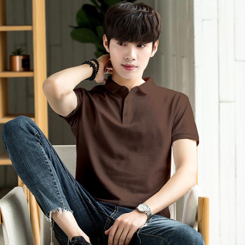 Męska letnia, dopasowana koszula polo w stylu koreańskim – jednokolorowa, z krótkim rękawem i klapami