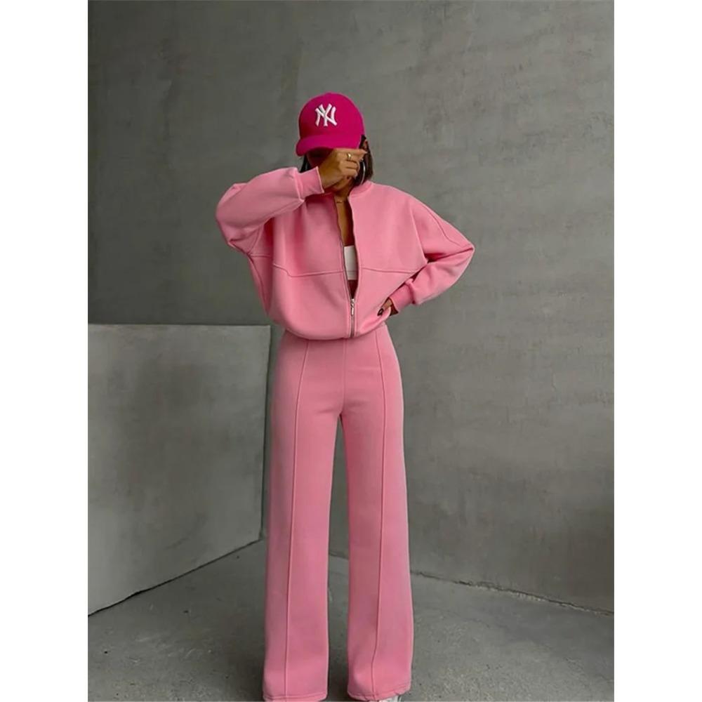 Sweatshirt Two-piece Suit Women's Casual Sets Loose Zipper-up Short Jacket Tops Straight Trousers Sports 2-piece Sets Lady