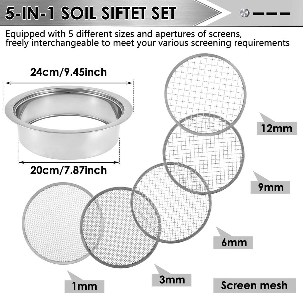Jordsikt i rostfritt stål, set med utbytbara maskor, multifunktionellt trädgårdsjordfilter med 9,45 tum diameter för sand, stenar