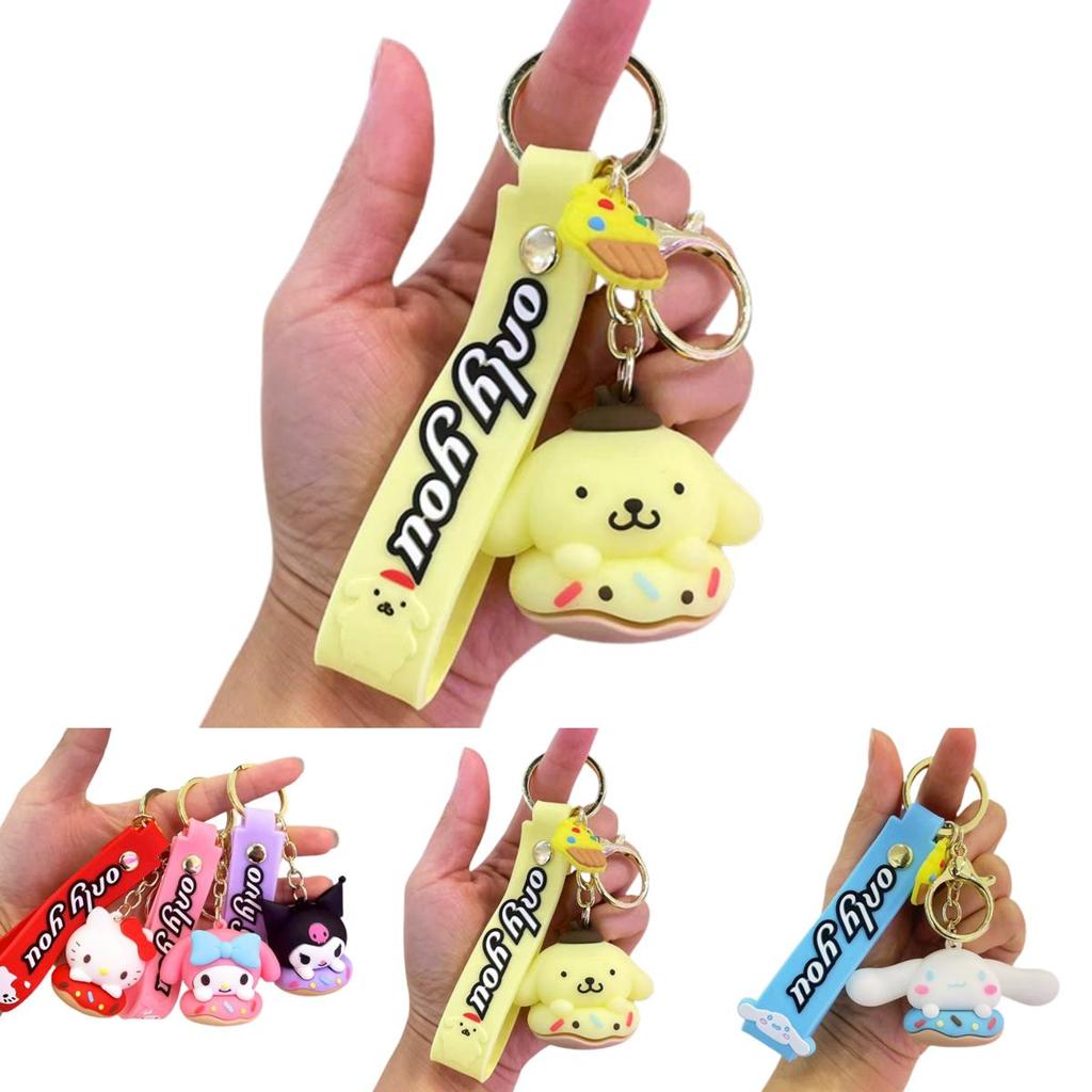 Kuromi-cinnamonroll Keychain W/pom Pom Purin Pendant-xmas Kids Gift Keyring Donut